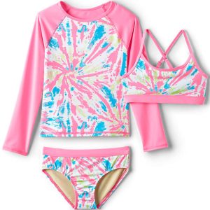 Girls Chlorine Resistant Rash Guard Swim Top Bikini Top and Bottoms UPF 50 Swimsuit Set