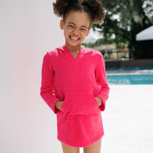 Girls Long Sleeve Hooded Front Pocket Terry Cloth Swimsuit Cover-Up