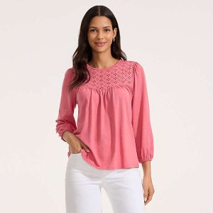 Women's 3/4 Sleeve Eyelet Mix Flowy Top