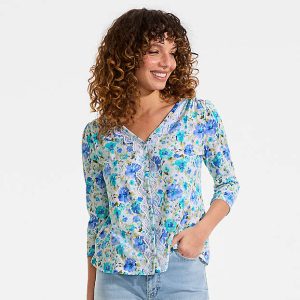 Women's 3/4 Sleeve Slub V-neck Lace Trim Top