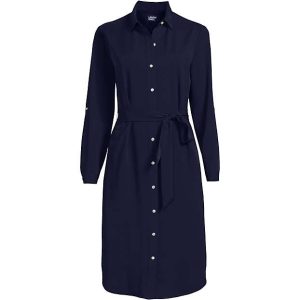 Women's Long Sleeve Twill Below Knee Belted Shirt Dress
