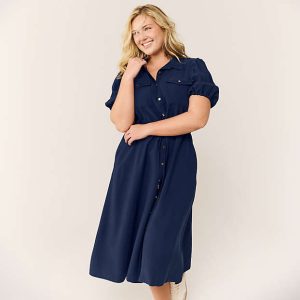 Women's Twill Button Front Fluid Short Sleeve Dress