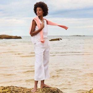 Women's High Rise Drawstring Linen Wide Leg Crop Pants
