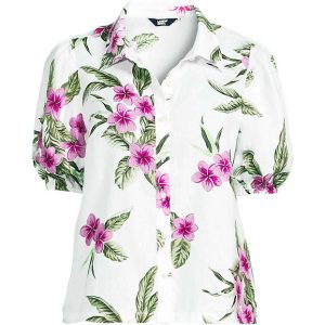 Women's Linen Puff Sleeve Button Front Shirt