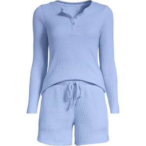 Women's Brushed Cozy Waffle 2 Piece Pajama Set - Long Sleeve Top and Shorts