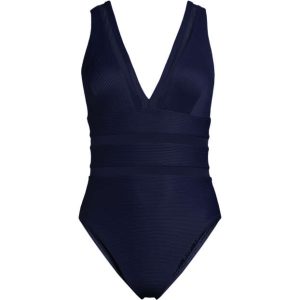 Women's Mesh Ribbed Plunge High Leg One Piece Swimsuit