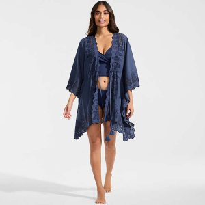 Women's Cotton Eyelet Tie Kimono Cover-Up